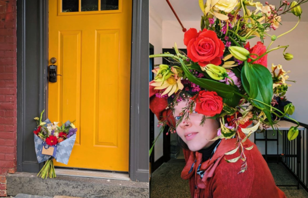 Hand-tied delivery bouquet (left) and Corinne with a floral headdress (right)