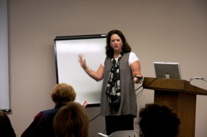 Debra, pontificating about Stylish Sheds (photographed by Bill Woolman)