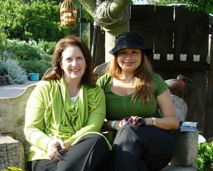 Garden celebrity Shirley Bovshow and I posed on a bench in Nick Williams's garden