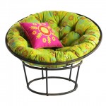 Outdoor Papasan chair, approx. 46-inches in diameter, $99.95 for 2-piece frame; Scatter daisy cushion, $100; 18-inch pillow, $16.95