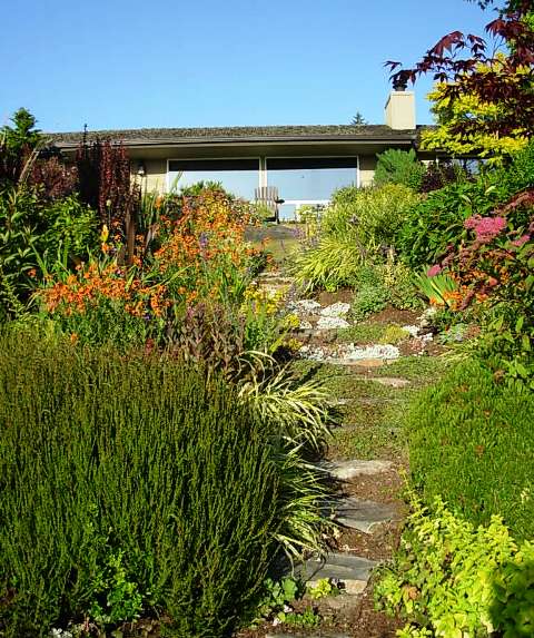 Stepping stones make it easy for Stacie to garden and lure visitors through the sea of foliage, blades and blooms. She uses punches of orange to brighten the scheme (Epilobium californicum 'Dublin' and Calluna vulgaris 'Firefly' are favorites)