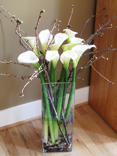 Simple, graceful, seasonal: Calla Lilies and Flowering Cherry Branches