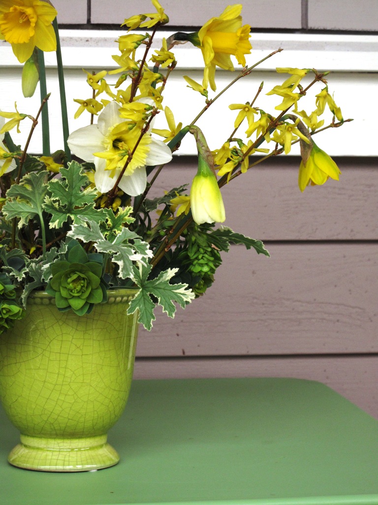 Oh how I love this combination of everyday garden blooms, including daffodils, forsythia and euphorbia - with a few sprigs of variegated geranium for contrast.