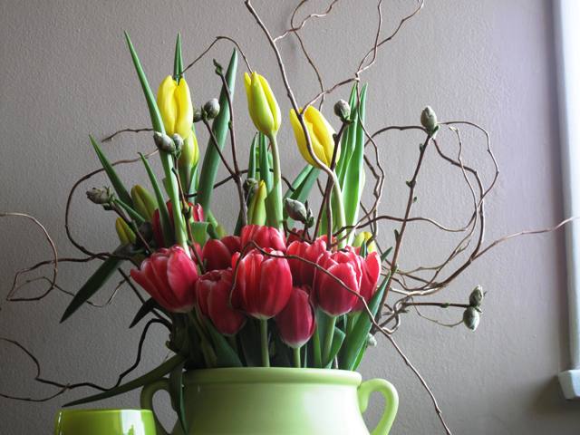 My cover shot, a perfect way to kick off springtime! Tulips, willows and camellia branches - all contained in a brilliant, matte green urn.