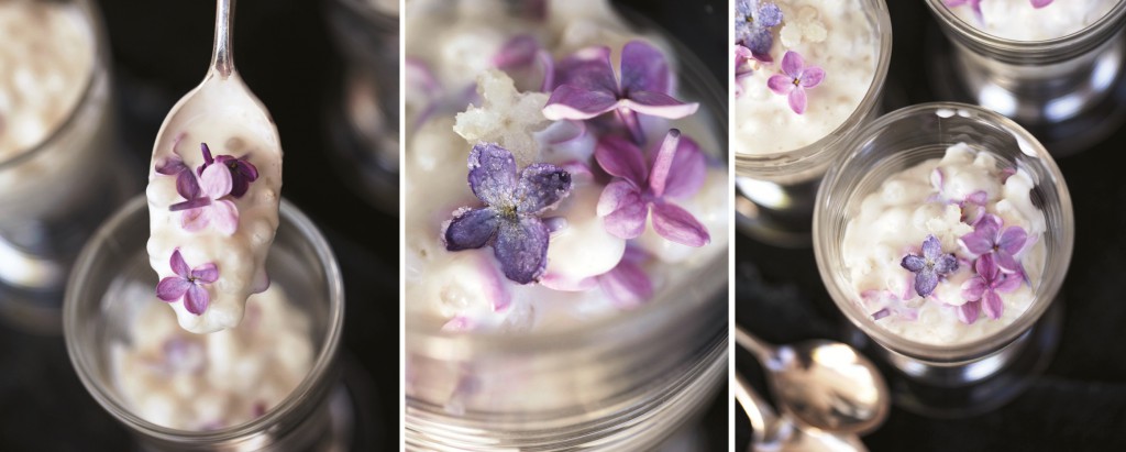 Fresh and candied lilac flowers are the captivating ingredient in Miche's "Coconut Lilac Tapioca," a recipe in her book, "Cooking with Flowers" [photo: (c) Miana Jun, used with permission]