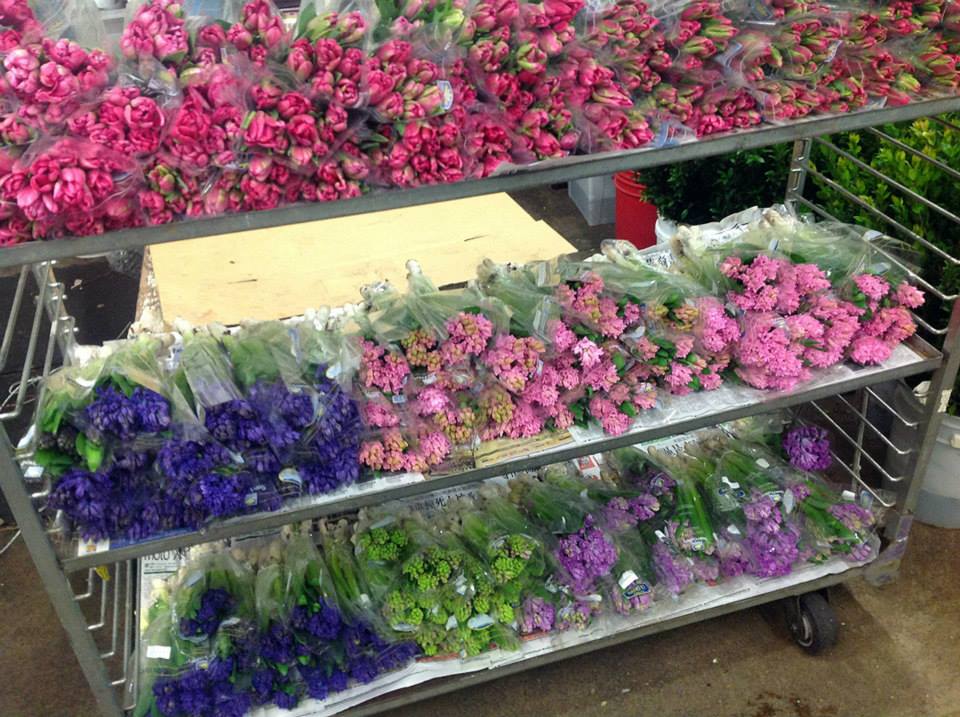 Racks of California-grown hyacinths recently offered by Torchio Nursery, a vendor at the San Francisco Flower Mart.