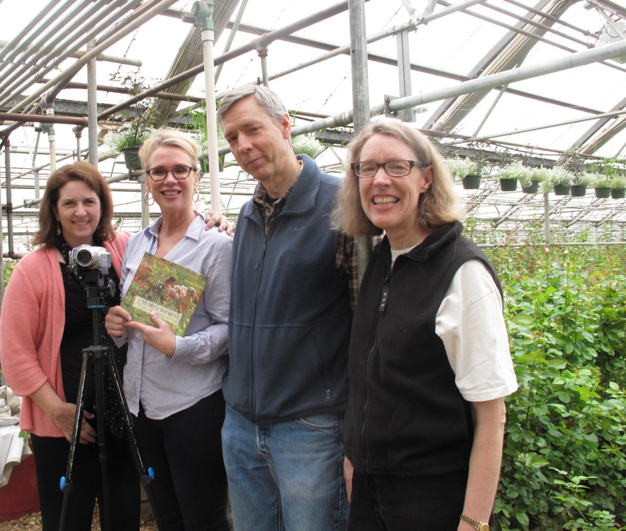 This photo is from a visit I made to Peterkort Roses in May 2012 when Portland TV personality Anne Jaeger produced a segment about sustainable and local flowers for The Oregonian. Sandra Laubenthal and her brother Norman Peterkort  pose at right: I'm on the left and Anne is second from left.