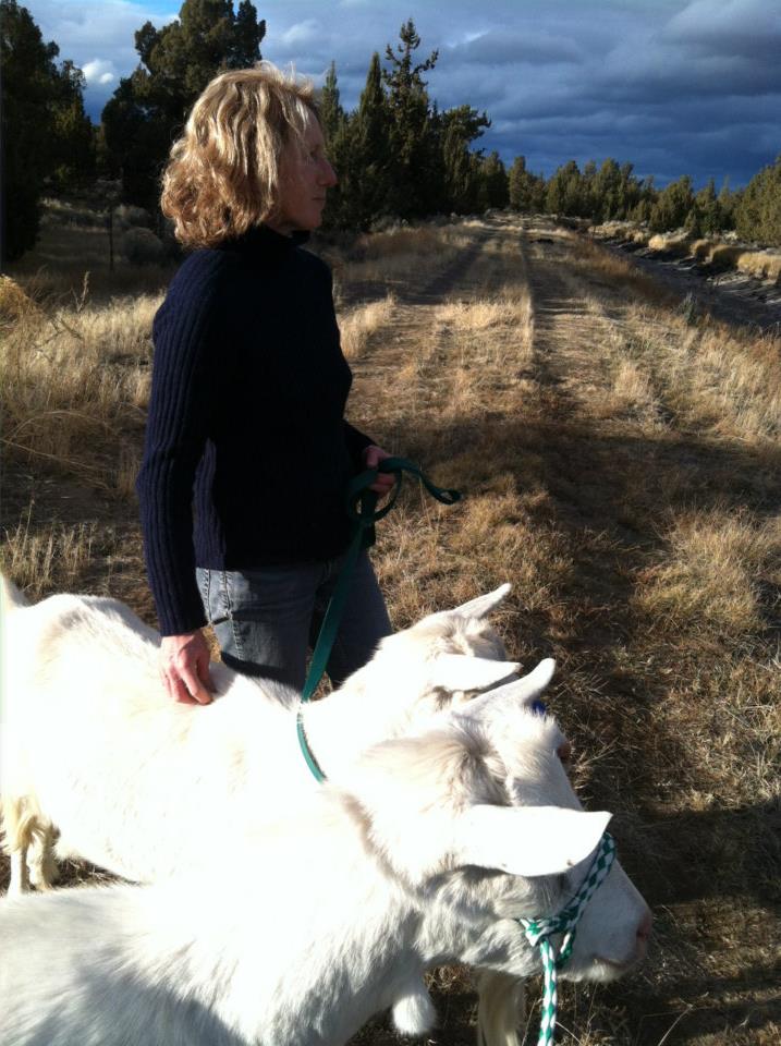 Gigi Meyer, on a November walk through her farm, with a few of her goats, Justyn, Daphne, and Ziggy-Zag.