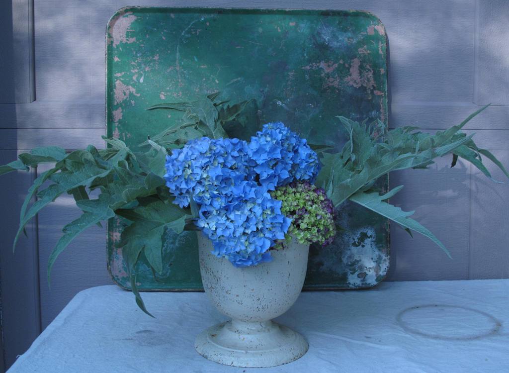 Step Three: Add the larger textural elements, like hydrangeas - straight from my garden.