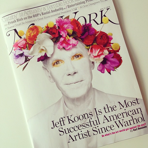 May 5, 2013 cover of New York Magazine, featuring Bess Wyrick's floral crown on the head of artist Jeffrey Koons.