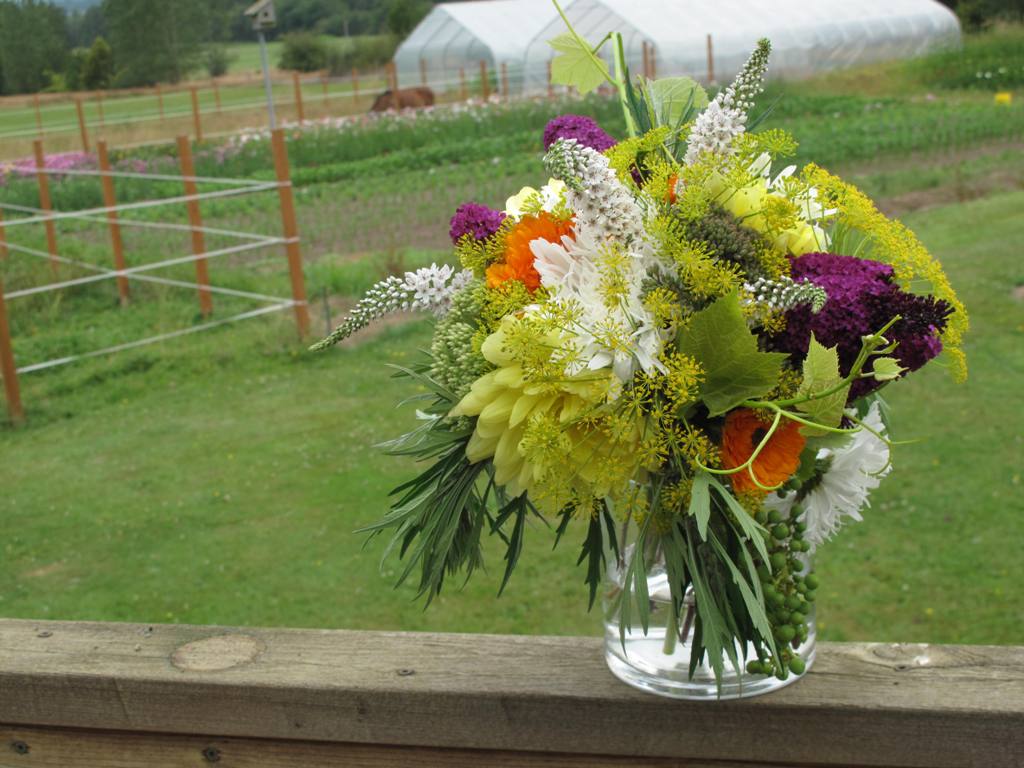 I made this hand-tied bouquet from yummy elements, including a cluster of unripe grapes.