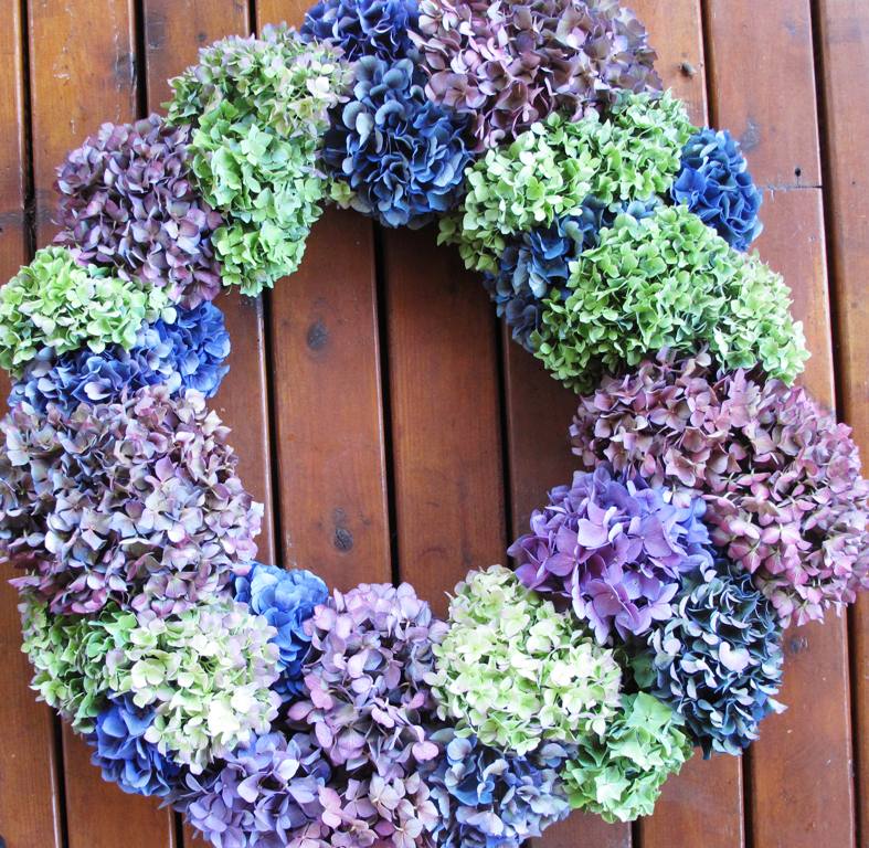 Sixty hydrangea heads later . . . you end up with a romantic floral wreath.