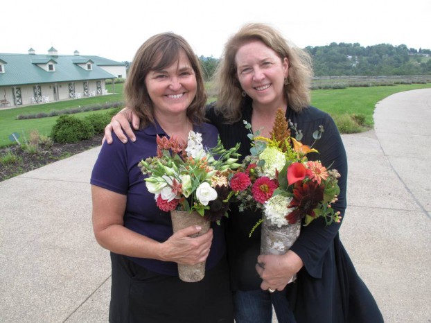 Nancy and I pose with our just-picked and arranged bouquets - all local flowers from her cutting fields.