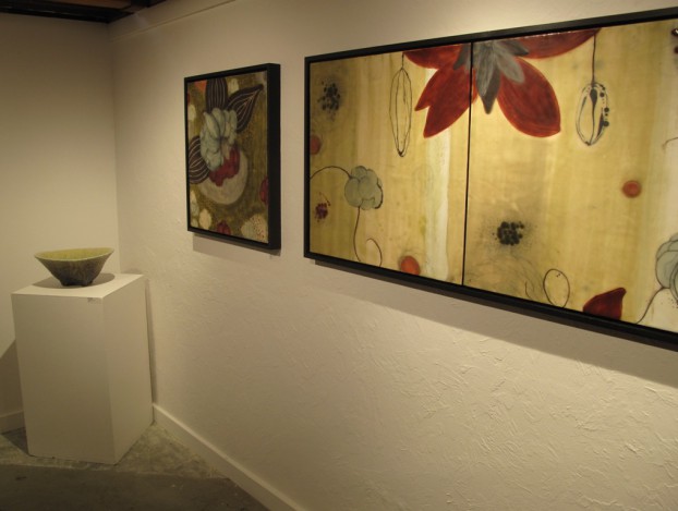 Lisa Conway ceramic piece (left) Stephanie Hargrave paintings (right).