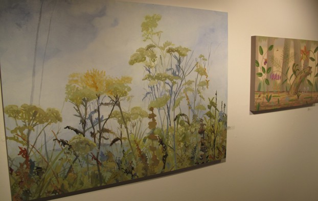 Patty Haller's painting  'Whidbey Yarrow' (left); Fred Lisaius painting 'Mossy Log' (right).