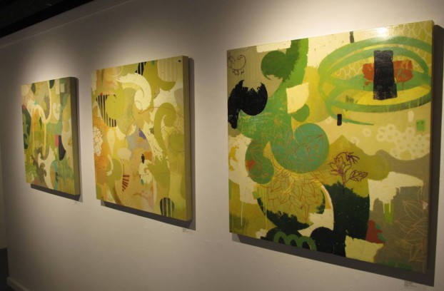 Three of Susan Melrath's pieces, arranged in a verdant triptych.