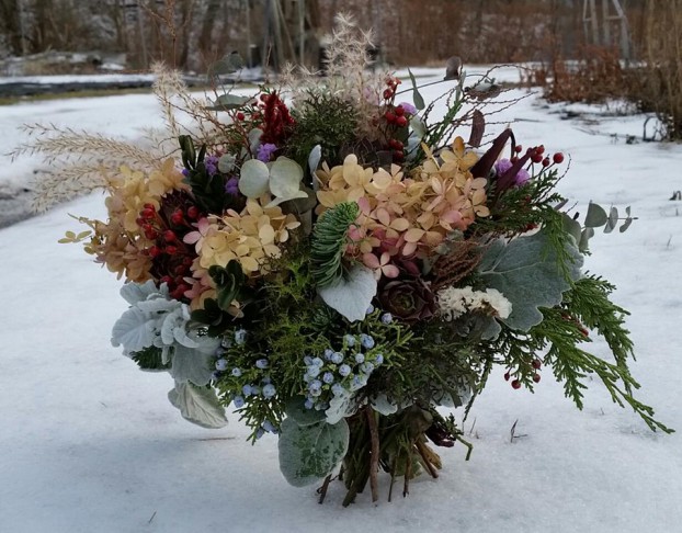 From Kate Dagnal of Goose Creek Gardens in Oakdale, Pennsylvania. Kate posted this arrangement on Jan. 16th as part of her "Friday Night Romance" series, a peek at the bouquets she creates each week. I love how this arrangement features late-season Dusty Miller, as well as gorgeous juniper berries, dried hydrangea flowers, dried grasses. I actually think I see a few succulents in this bouquet, too!