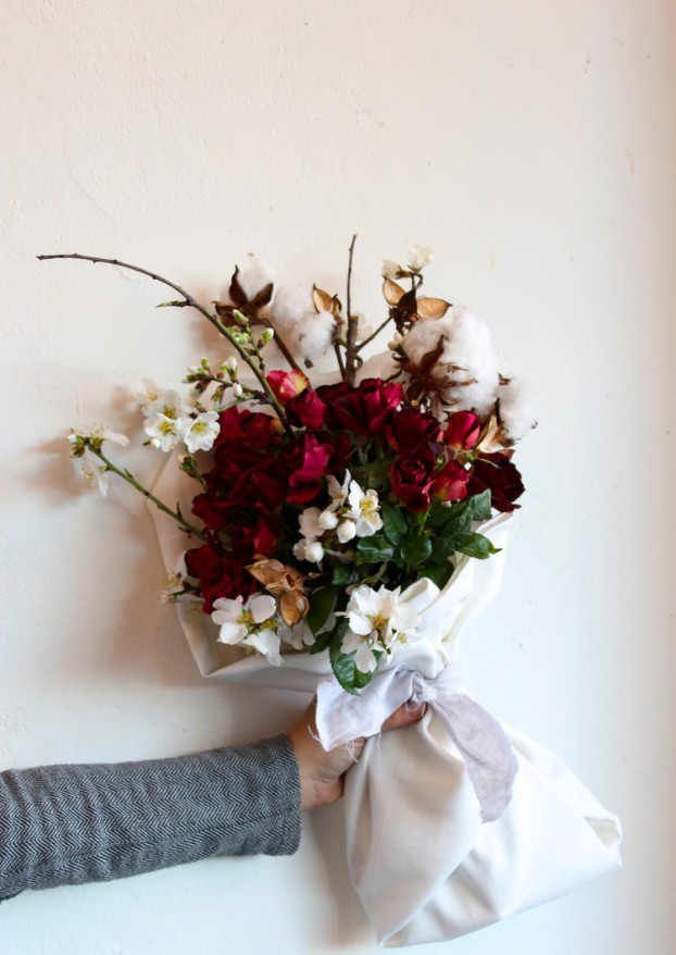 A bouquet called "Flowers to Dye For," which includes flowers and floral dye. After you purchase the $95 bouquet, you are invited to return to The FloraCultural Society to participate in a post-Valentine's Day workshop with Sasha Duerr, author of "The Handbook of Natural Plant Dyes.