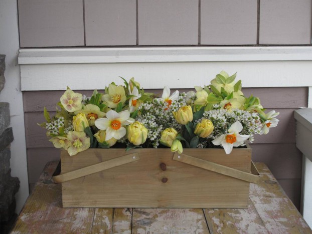 Fresh Pick: a box filled with luscious spring flowers. This design uses 8 Mason jars inside a wooden crate.