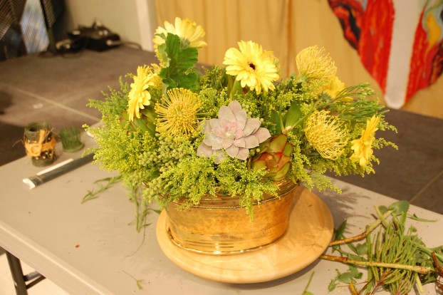 A golden and green floral palette - with a beautiful echeveria as a focal element