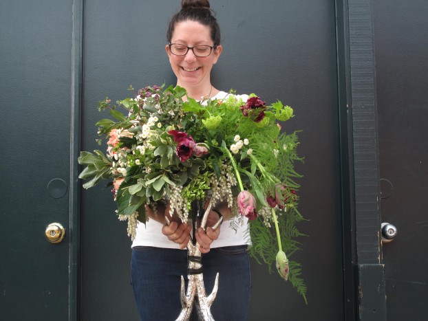 My photograph of Eleanor Blackford, with her sample arrangement using local spring flowers and Floral Soil.