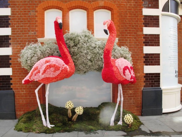 Those enormous pink flamingos from Alice in Wonderland, expressed by Kate Spade in 2-toned carnations.