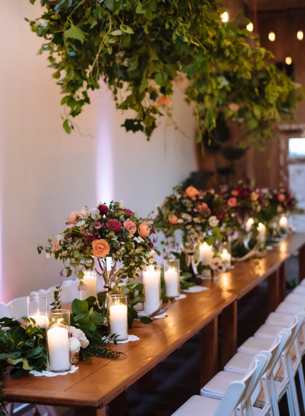 Those fantastic elevated centerpieces designed with Floral Soil - adorning Eleanor and Matt's wedding reception. (c) Shane Macomber Photography