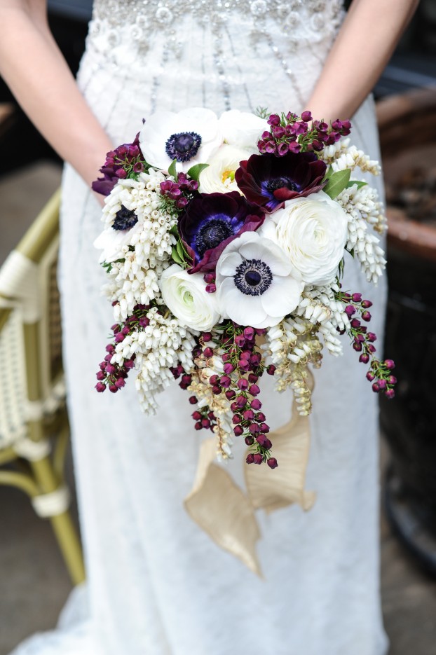 Eleanor's art deco bouquet in white and dark reddish purples was photographed by (c) My Beloved Photography 