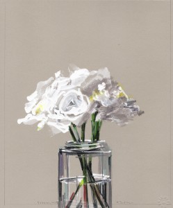 White roses in straight-sided jar.