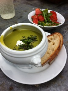 Lunch at Petersham Nursery: pea-and-mint soup with tomato and burrata salad.