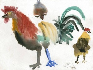 The charming rooster of Rooster Ridge. If you look closely, you'll see Nancy's signature on this original watercolor.