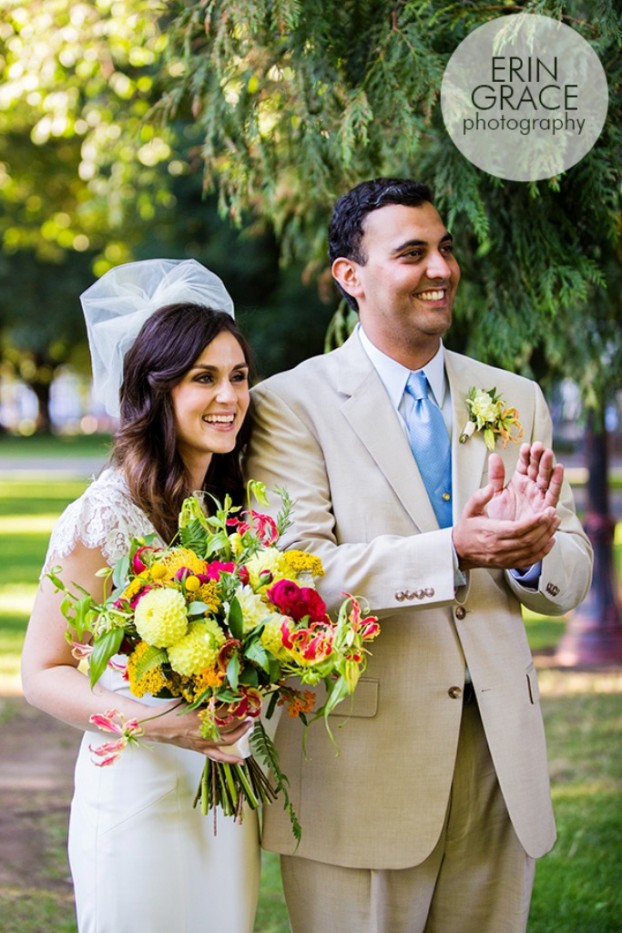 A wedding couple with an Emerald Petals bouquet and boutonniere. (c) Erin Grace Photography