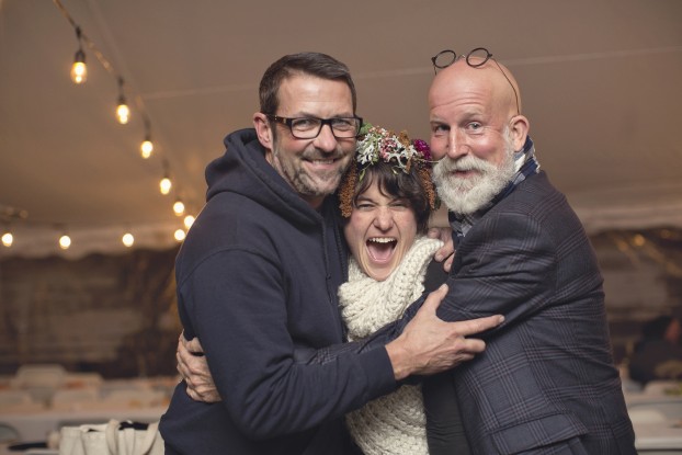 Daevid Reed (l), Lisa Waud (c) and David Beahm (r), captured in a moment of sheer joy by photographer Heather Saunders at the Field to Vase Dinner, The Flower House, Detroit.
