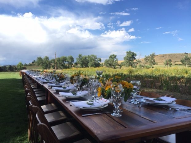 Amazing setting, beautiful flower farm, farm tables laden with local flowers and the gorgeous Colorado sky -- at the August 13th Field to Vase Dinner, flowers designed by today's guests.