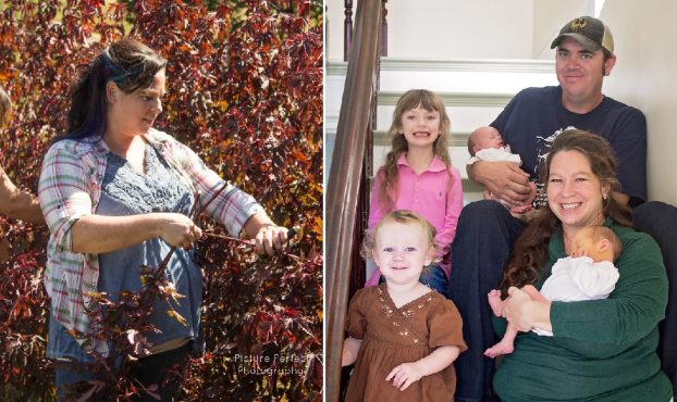 Jessica Hall (left) and Jessica and Brian with their family of four.