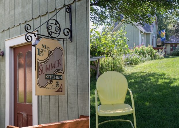Two views of "The Summer House" at Miss Effie's, a tiny country crafts store where flowers, fresh eggs, and fine handcrafted linens can be purchased.