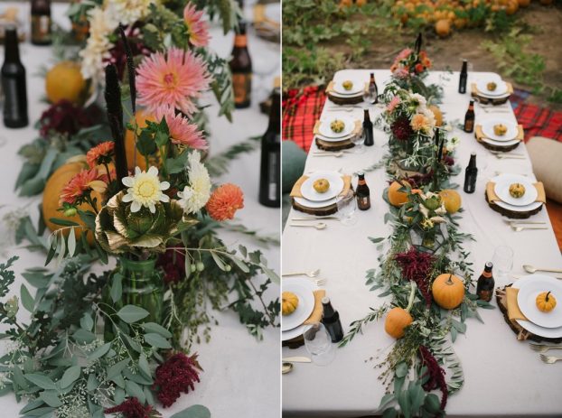 Use touches of gold to add sparkle and surprise. Laurie Garza of Fleurie Flower Studio in Reedley, CA, designed a warm, cozy fall table with dahlias, zinnias, hops, sorghum, bunny tail grasses, celocia, poppy pods and amaranthus from local California flower farms and greenery from her cutting garden and a friend's property. 