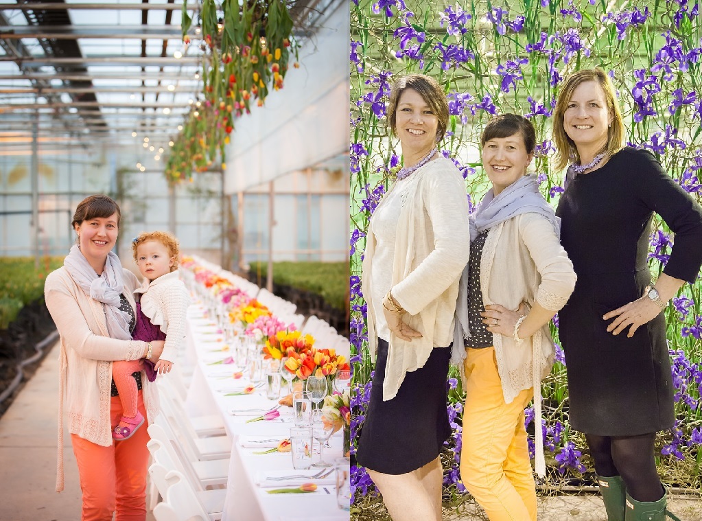 (left) Faye Krause, posing with her daughter Klara; (right) Faye (center) with her design team, Suzy Haggerty and Susan Kelly. The design team poses in front of Faye's gorgeous curtain of California irises. (c) by Amy Kumler