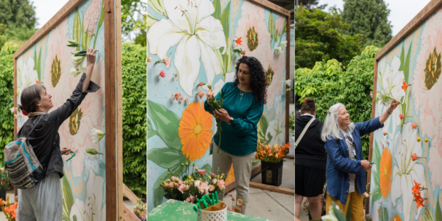 Slow Flowers Summit attendees at Bellevue Botanic Garden, adding flowers to the mural.