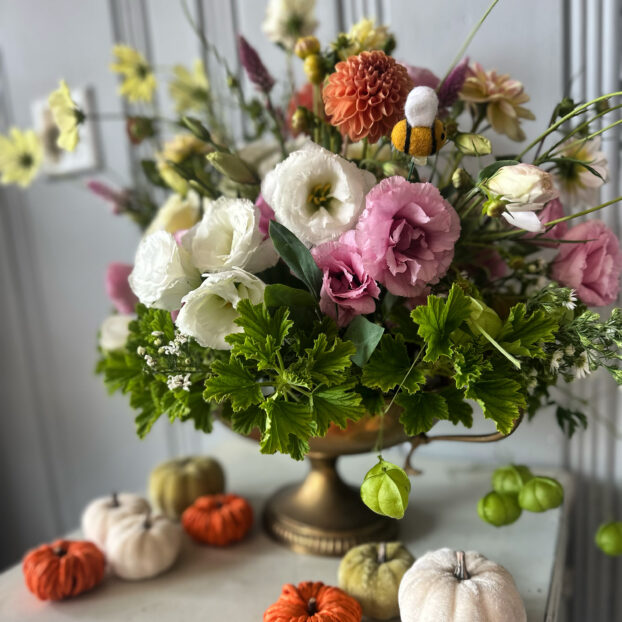 A bridal shower centerpiece with flowers grown and designed by Little Petal Farm