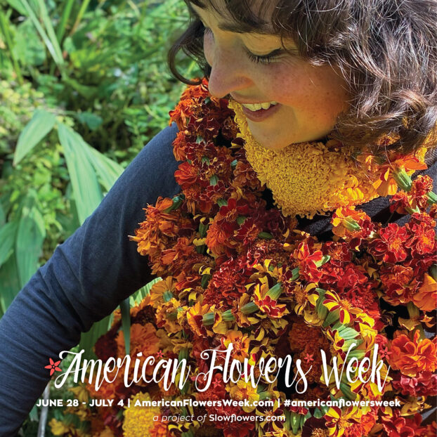 American Flowers Week promotional graphic featuring Caitlin Mathes and her marigold fashion