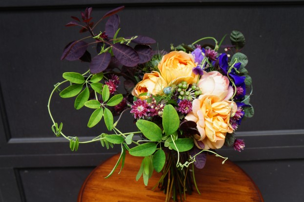 A sublime bouquet by Riz, using garden flowers, locally-grown farm flowers and a few surprises.