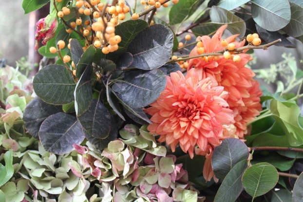 Detail of autumn colors and textures, including the Cotinus, the peachy-orange dahlias, antique hydrangeas and the yellow-orange Ilex.