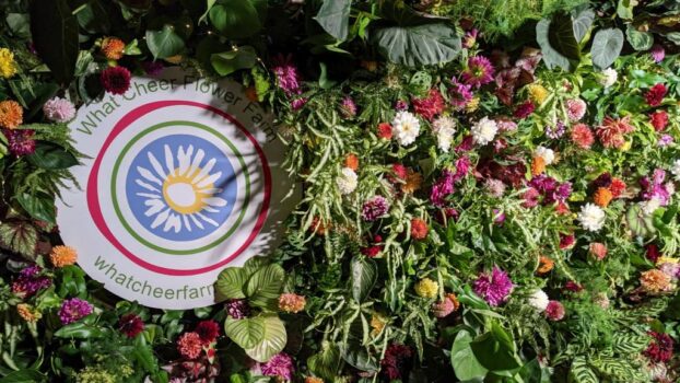 What Cheer Flower Farm's logo and flower wall