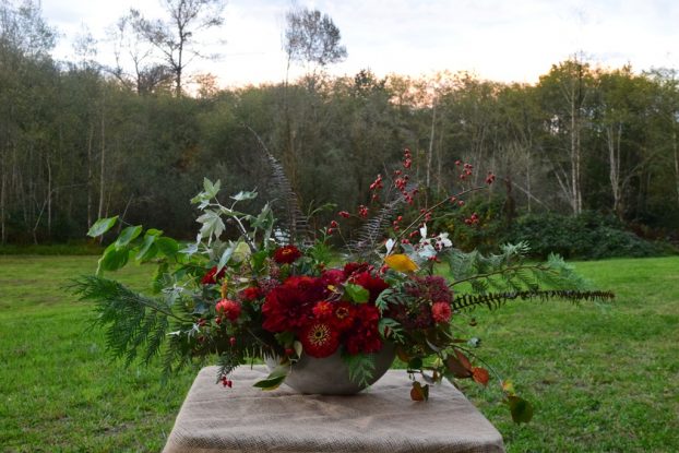 Reds and Greens transition from harvest to holiday. Tammy Myers of First & Bloom (Issaquah, WA) loves red and green for autumn floral decor -- she says the palette hints that winter's almost here while allowing her to use the last blooms and greenery of summer before leaves turn to gold.