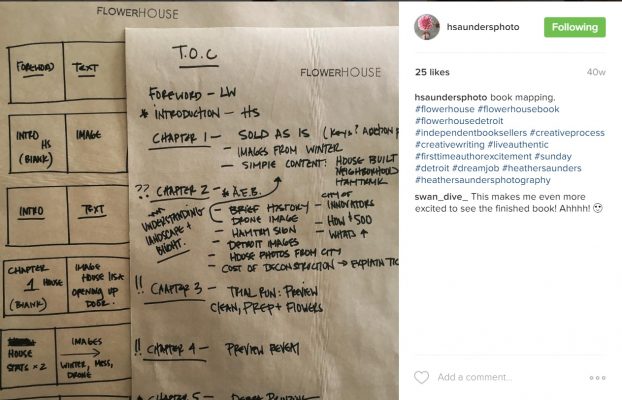 A screen grab from Heather's Instagram feed that illustrates how she began to organize her book, Flower House Detroit.