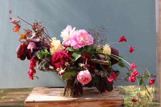 Hand-tied bouquet using sustainable armature by Gina Thresher of From the Ground Up Floral