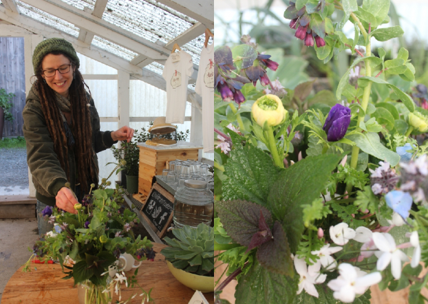 Jordan Uth of Heidrun Meadery, Horticulturist & Flower Farmer, shows off the fresh spring bouquet made in collaboration with Heather Frye of Venn Floral.