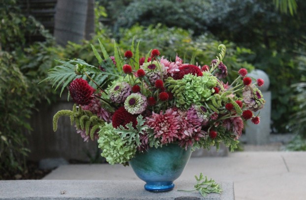 Mums, zinnias, dahlias, gomphrena, amaranth, scented geranium -- all from Washington. I added a few goodies from my friend Cheryl's backyard in Altadena, California (including tree fern fronds and limelight hydrangeas)