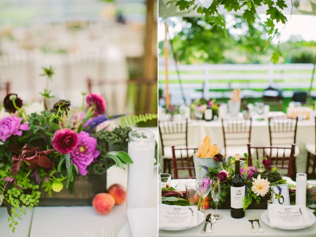 This centerpiece was designed so the food could be displayed with the flowers and still create a cohesive tablescape. Liz added Michigan grown peaches from Romeo, Michigan and all the dahlias and greens were from local markets and greenhouses. Photo credit: Jill DeVries Photography